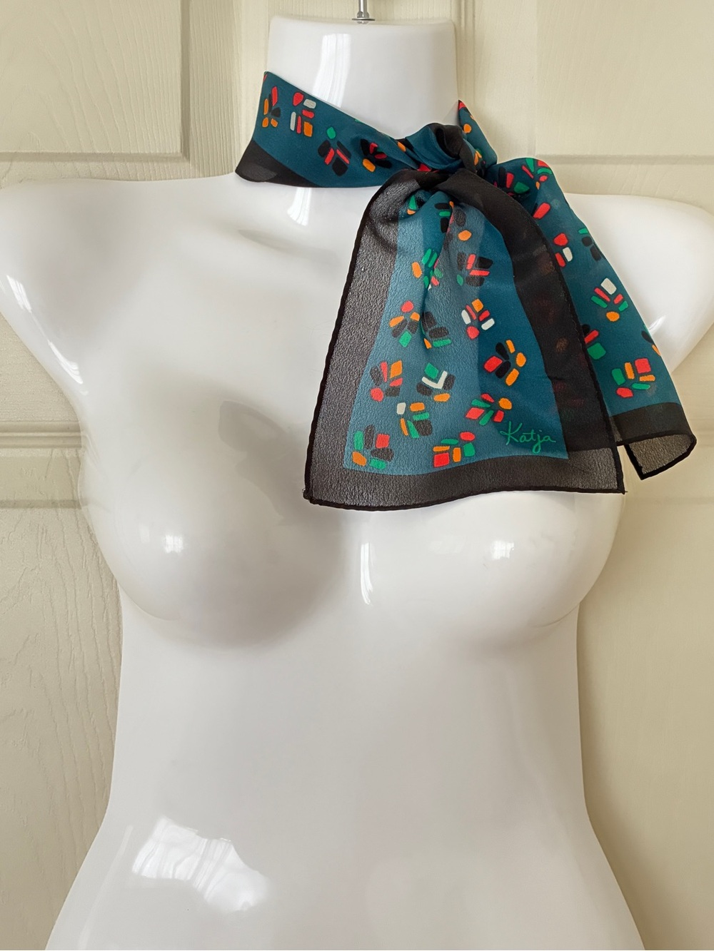 Vintage Katja Sheer Multicolor Abstract Print Scarf Black Teal 5.5” x 34.5” - Picture 2 of 6